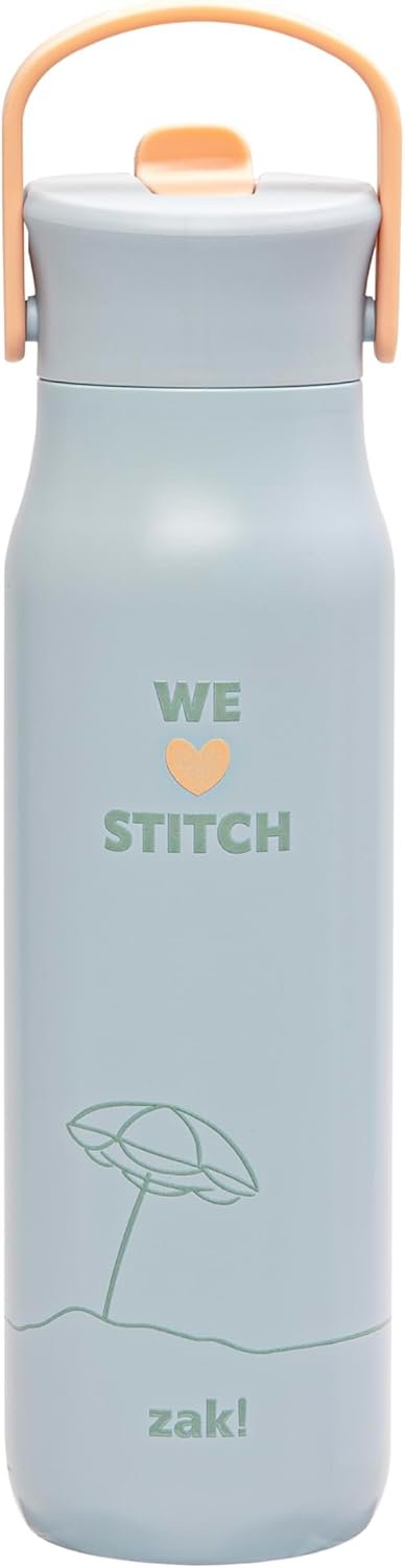 Zak Designs Disney Lilo & Stitch Harmony Water Bottle for Travel or At Home, 32oz Stainless Steel is Leak-Proof When Closed and Vacuum Insulated with Straw Lid, Carry Handle, and 3D Artwork
