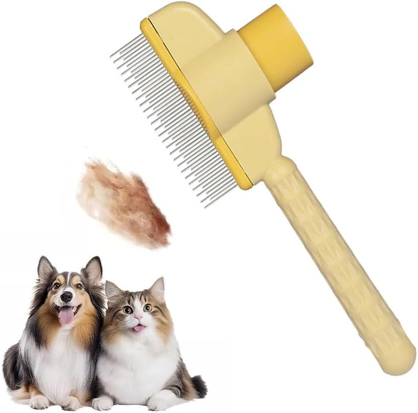 Liahelianx Self-Cleaning Pet Deshedding Tool & Flea Comb-Hypoallergenic Grooming Brush with Release Button, Stainless Steel Teeth for Short/Long Hair Cats&Dogs (Yellow)