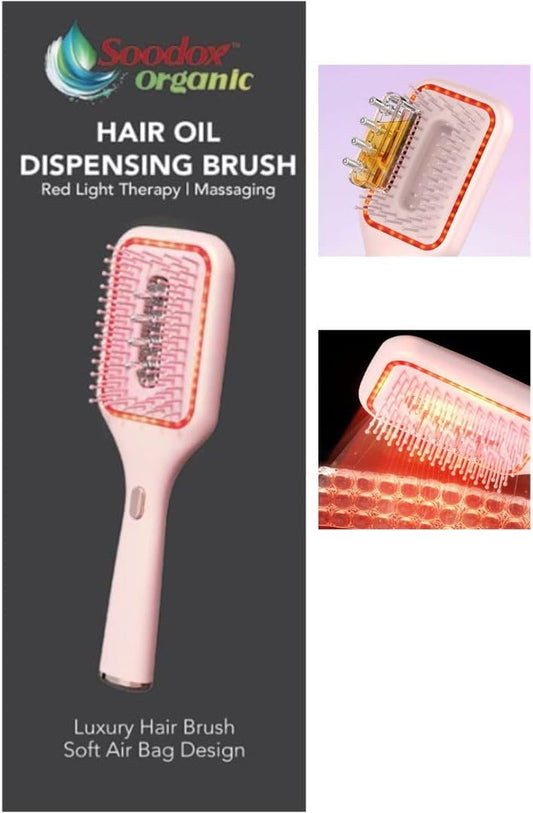 Soodox Organic Hair Oil Dispensing Brush with Red Light Technology | Soft Air Bag Design for Massaging & Blood Circulation | Red light therapy for hair growth stimulation