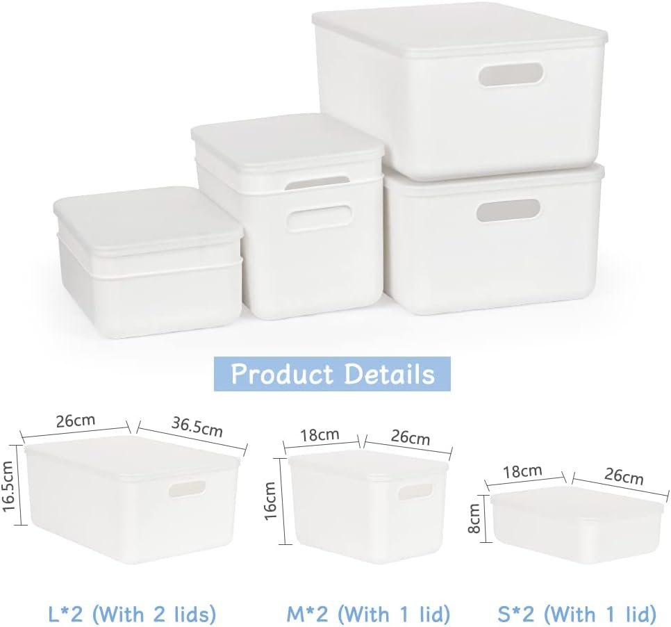 Plastic Storage Bins, Set of 6 Storage Boxes with 4 Lids, Storage Basket with Handle, Versatile Storage Box for Bathroom, Kitchen, Office, Living Room