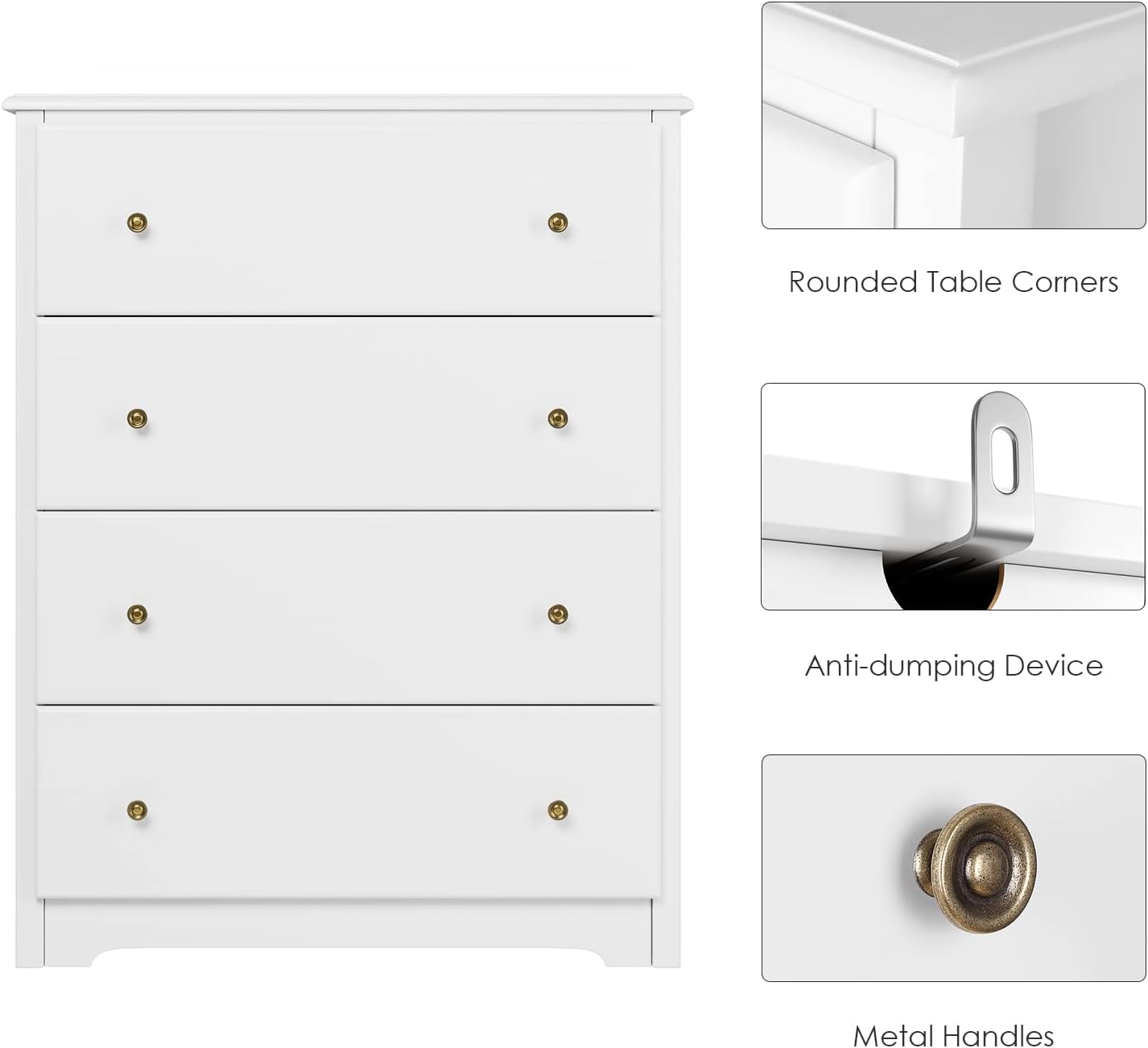 HOCSOK Chest of Drawers, Bedside Table with 4 Drawers, Multi-purpose Modern Design Wooden Cabinet for Bedroom, Hallway, Living Room, White, 74 x 40 x 94 cm