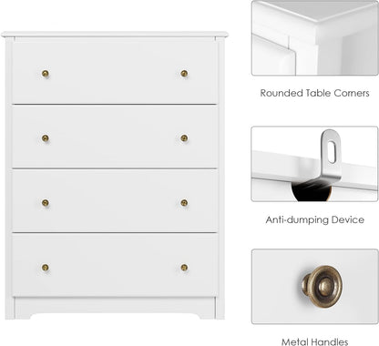 HOCSOK Chest of Drawers, Bedside Table with 4 Drawers, Multi-purpose Modern Design Wooden Cabinet for Bedroom, Hallway, Living Room, White, 74 x 40 x 94 cm