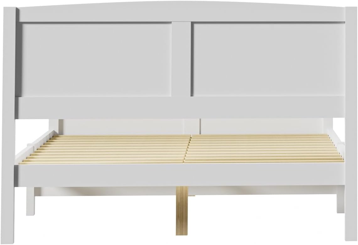 Oikiture Double Bed Frame with Headboards and Footboards Pine Wood Bed Frame Platform Bed, White