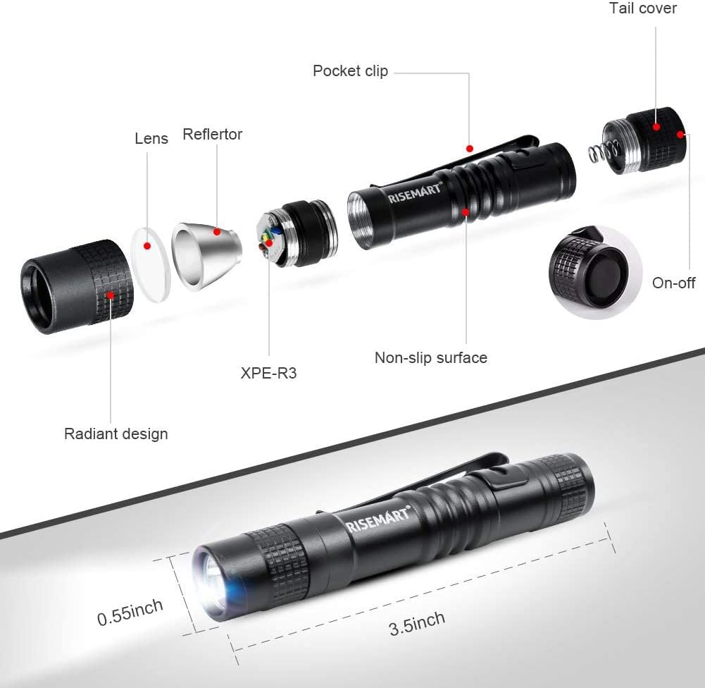 RISEMART Super Small Mini Flashlight AAA CREE XPE-R3 100 Lumens Ultra Bright LED Pen light Pocket Clip Tactical Torch Lamp(3.5")