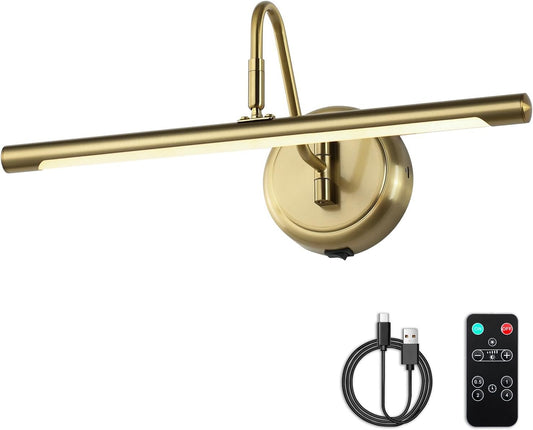 Modern Wireless Picture Lights for Wall Gold Wall Sconces Battery Operated 16.5" Inch Dimmable Wall Art Light with Adjustable Book Light with Remote 3000K CRI95+