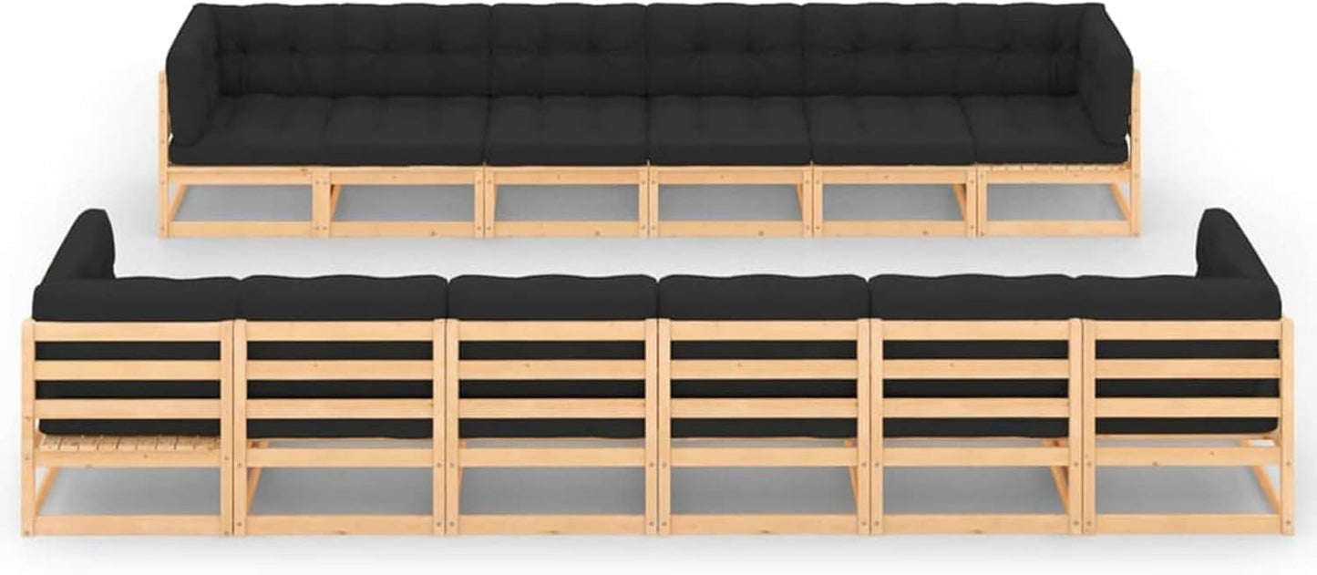 Homgoday Set Salotto Giardino 12pz Cuscini Antracite Legno Massello Pino, Salotto da Giardino Salottino, Lettini Prendisole, Divano Letto Mobili, Lettini da Giardino per Balcone Esterno