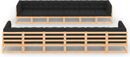 Homgoday Set Salotto Giardino 12pz Cuscini Antracite Legno Massello Pino, Salotto da Giardino Salottino, Lettini Prendisole, Divano Letto Mobili, Lettini da Giardino per Balcone Esterno