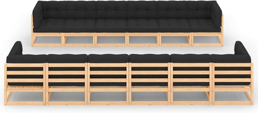 Homgoday Set Salotto Giardino 12pz Cuscini Antracite Legno Massello Pino, Salotto da Giardino Salottino, Lettini Prendisole, Divano Letto Mobili, Lettini da Giardino per Balcone Esterno
