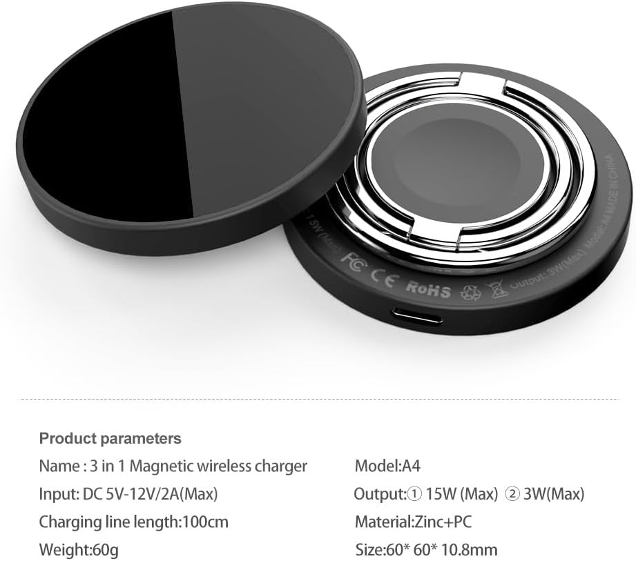 3 in 1 Magnetic Wireless 15W Fast Charger, Charging Station Compatible with iPhone iWatch AirPods Wireless Chargeable Phones, Phone Holder with Double Ring Kickstand (Black)