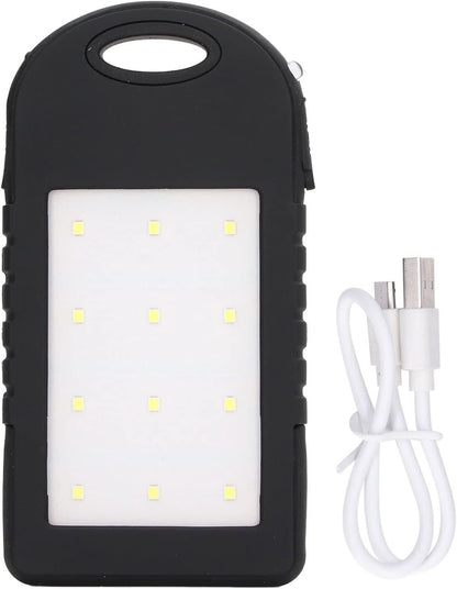 GRCFUMO 5000mAh Solar Power Bank, Solar Charging Powerbank, Portable Power Bank, External Battery Power Bank with 12LED Flashlight for Outdoor Camping Fishing Black