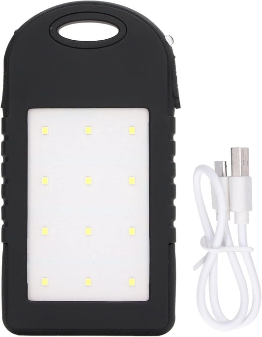 GRCFUMO 5000mAh Solar Power Bank, Solar Charging Powerbank, Portable Power Bank, External Battery Power Bank with 12LED Flashlight for Outdoor Camping Fishing Black