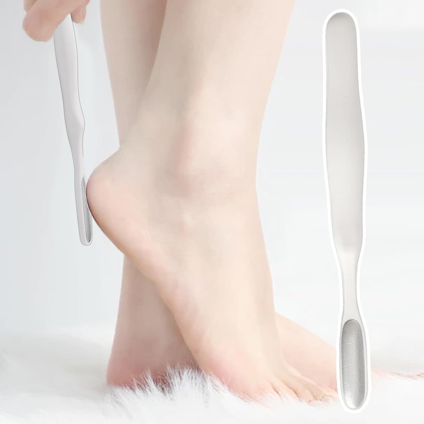 Foot File, Callus Remover, Reusable Stainless Steel, Cracked Skin Tool, Built-In Toe Cleaning Brush for Home or Salon Pedicure Care Routine, 7.4x0.7 Inches White 1 Piece