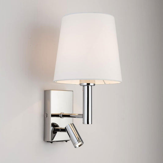 HARPER LIVING 1xE27/ES Up Down Wall Adjustable LED Reading Light, 1 USB Port and 2 On/Off Switches, Finish, Fabric (Cylinder Shade), Metal, Polished Chrome and White