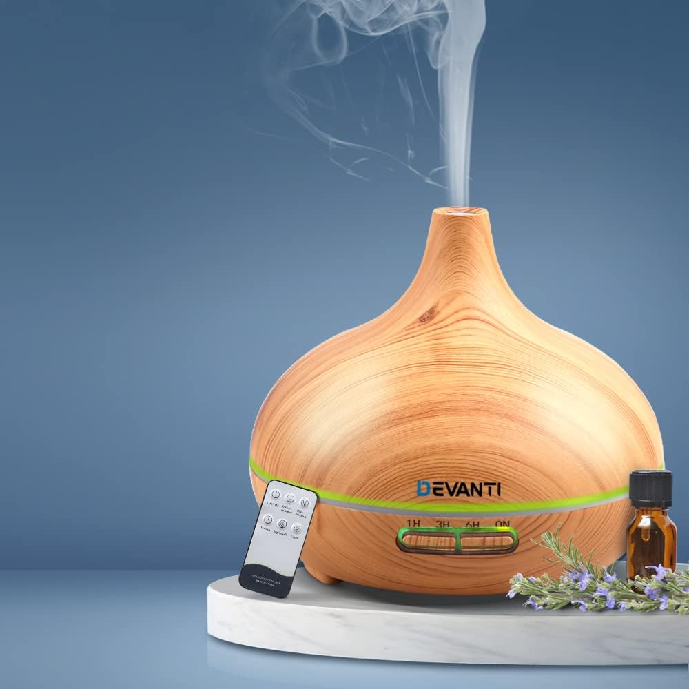 Devanti Aroma Diffuser, 300ml Wood Grain Air Humidifier Purifier Essential Oils Car Freshener Vaporizer Aromatherapy Diffusers Scent Booster Home Office Bedroom Humidifiers Steam, 7 Led Light