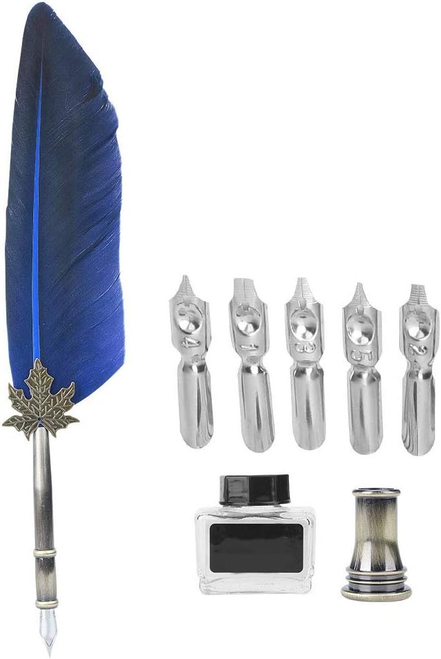 Feather Quill Pen Set, Retro English Calligraphy Dip Pen With 5 Alloy Nibs Antique Set Luxury Vintage Signature Lightweight Writing Ink Stationery Gift Box for Friend Teacher Family(Blue)