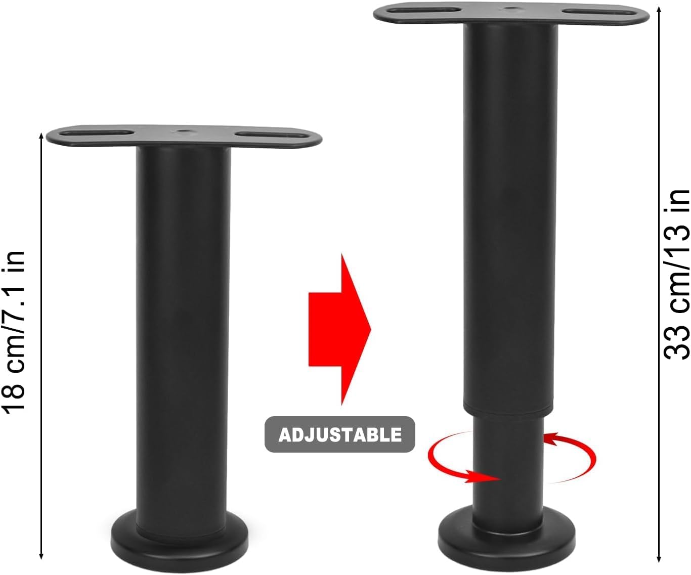 Riobby Slatted Base Feet, Adjustable Metal Legs Bed Support Legs for Furniture, Central Bed, Suitable for Cabinets, Sofa Beds, Retractable 18-33cm (Black 2 Pieces)