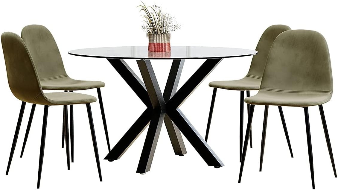 120cm Round Table w/ 4 Chairs Dining Set Velvet Fabric Indoor Furniture (Olive, Black Table)