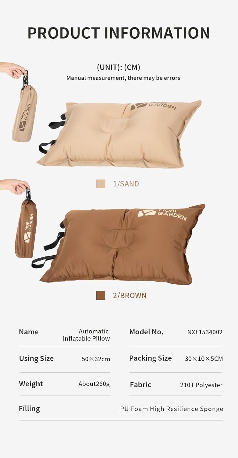 MOBI GARDEN Camping Inflatable Pillow, Automatic Ultralight Sponge, Comfortable Outdoor Travel Sleeping Pillow (Beige)