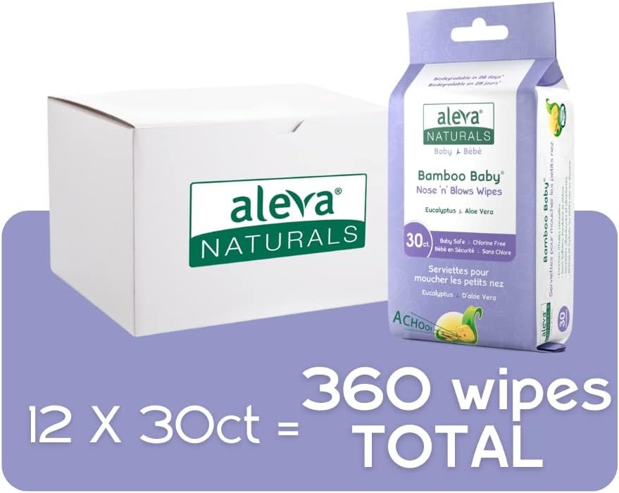 Aleva Naturals Bamboo Baby Nose 'n' Blows Wipes for Cleaning Stuffy Noses with Saline, Organic Formula, Extra Strong and Ultra-Soft, Biodegradable - Mega Pack- 12 X 30 Count= 360 Wipes Total, Unbleached