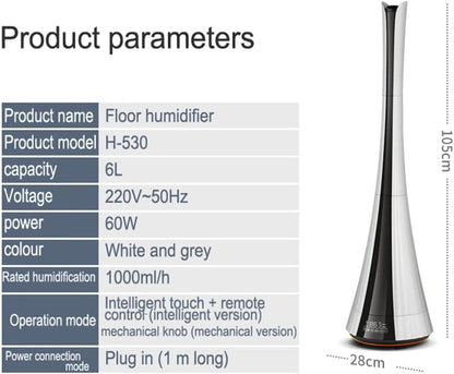 6L Floor-Standing Air Humidifier Household Mute Remote Control Bedroom Office High Capacity Aromatherapy Dual-core for Bedroom, Study, Office, Living Room, Bathroom, Yoga, SPA