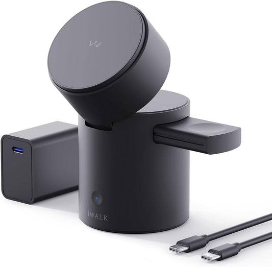 iWALK 3 in 1 Wireless Charging Station with Auto Rotation, Magnetic Wireless Charger Station for Apple Devices, 15W Fast Wireless Charger Station for iPhone 16 15 14 13, Apple Watch, Airpods (Black)