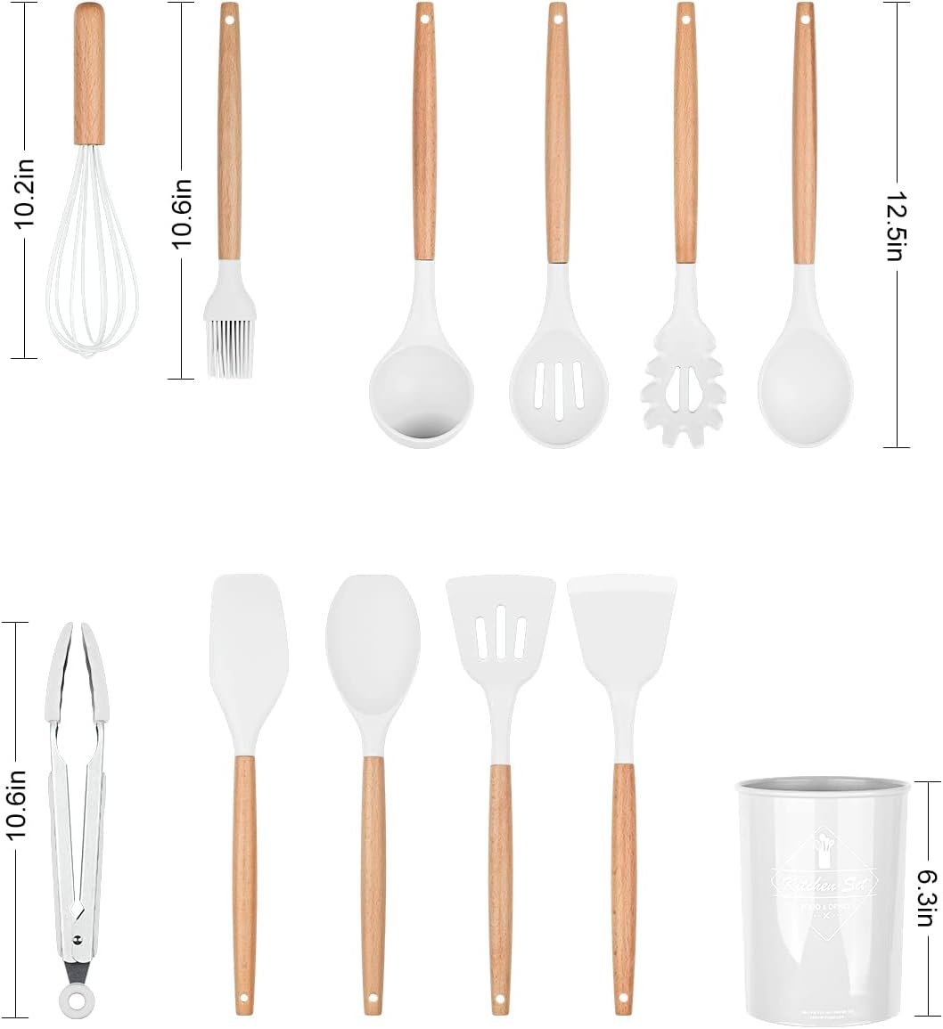 Lychee 12 Pieces Silicone Kitchen Utensils Set with Stand, Non-Stick Cookware, Heat Resistant Wooden Handles, Kitchen Utensils, BPA Free, Non-Toxic, Spatula, Spoon, Kitchen Gadgets