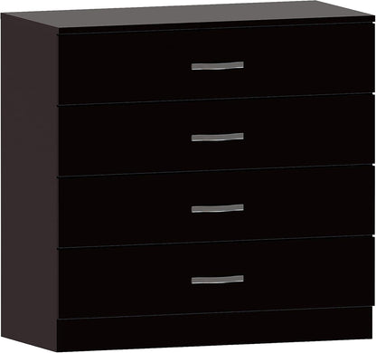 Home Discount Black Chest of Drawers, 4 Drawers with Metal Handles and Runners, Unique System with Guides, Riano Bedroom Furniture