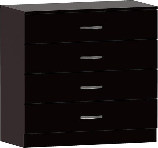 Home Discount Black Chest of Drawers, 4 Drawers with Metal Handles and Runners, Unique System with Guides, Riano Bedroom Furniture