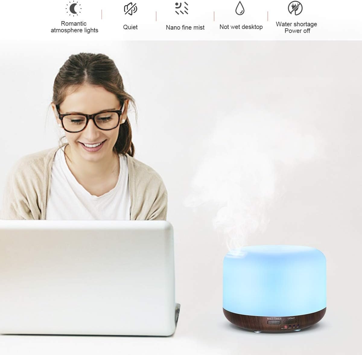 Marchred 300ML Essential Oil Diffuser with Remote Control,Ultrasonic Aromatherapy Air Diffuser Humidifier,Aroma Diffuser with 7 LED Color Changing Light for Large Room,Home (Dark Wood Grain)