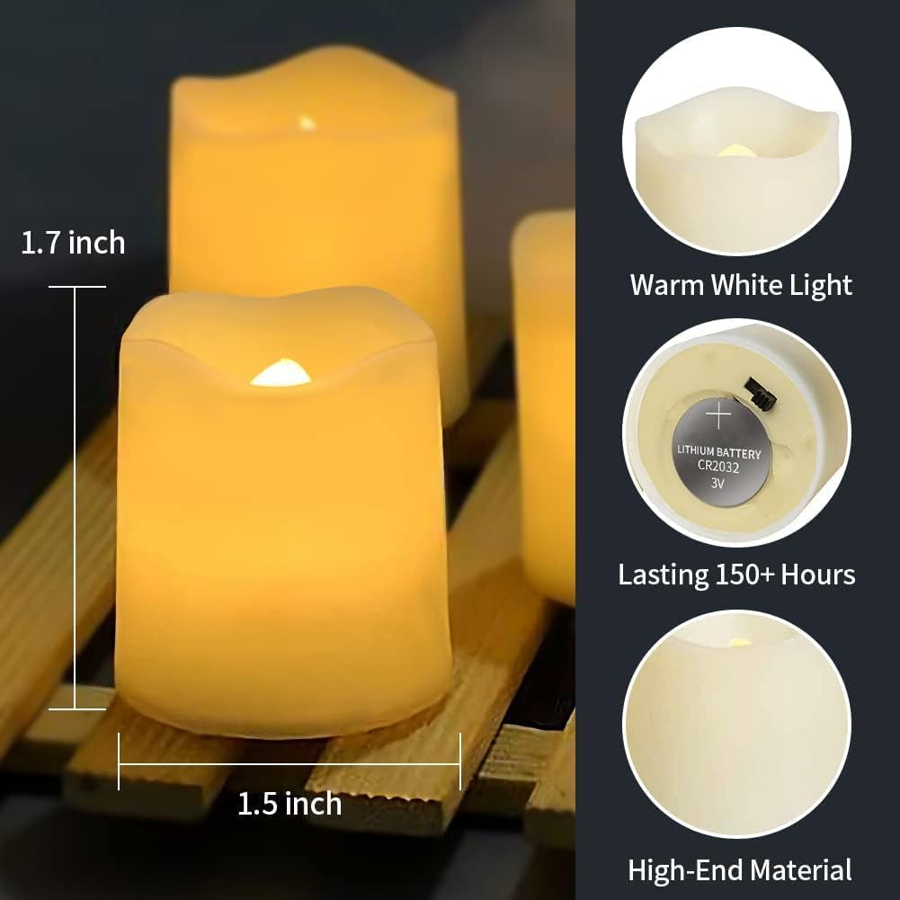 Flameless LED Tea Light CandlesLED Votive CandlesBattery-Operated Realistic Bulk Flickering CandlesElectric Fake Candles in Warm White and Wave OpenIdeal for Wedding Party Outdoor (Pack of 24)