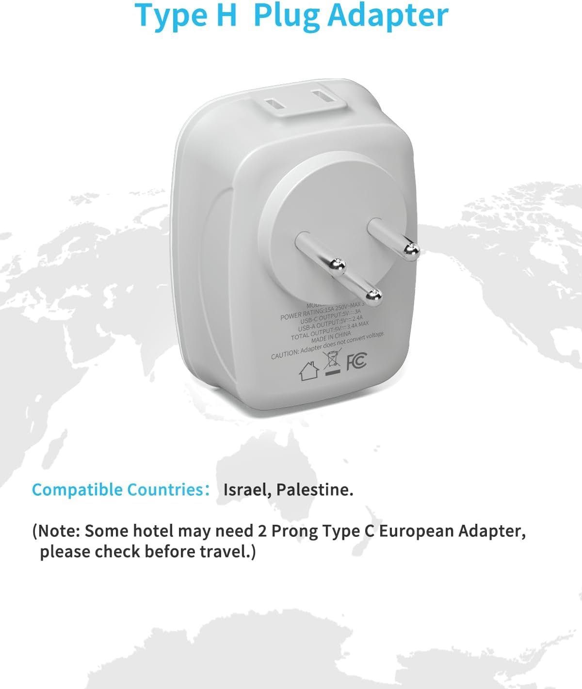Israel Power Adapter, VINTAR Type H Travel Plug Adapter with 1 USB C, 2 American Outlets and 3 USB Ports, 6 in 1 International Power Adapter for Canada to Israel,Jerusalem,Palestine(Type H)