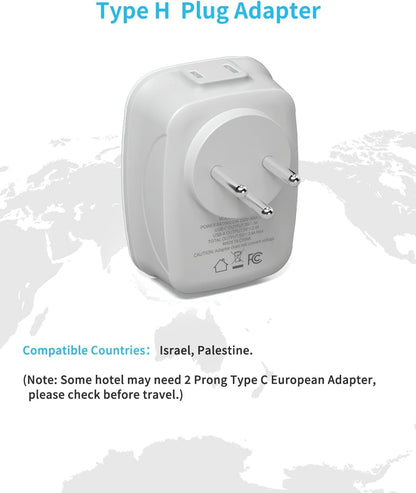 Israel Power Adapter, VINTAR Type H Travel Plug Adapter with 1 USB C, 2 American Outlets and 3 USB Ports, 6 in 1 International Power Adapter for Canada to Israel,Jerusalem,Palestine(Type H)