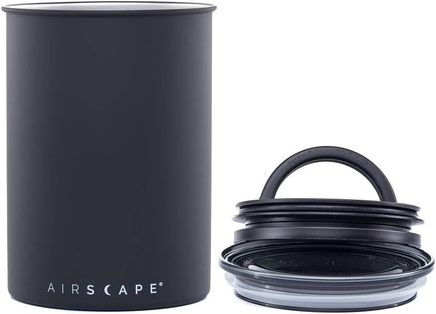 Airscape Stainless Steel Coffee Canister | Food Storage Container | Patented Airtight Lid | Push Out Excess Air Preserve Food Freshness (Matte Black, Medium)