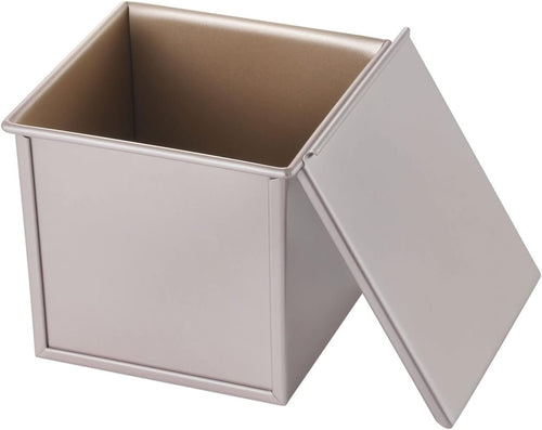 CHEFMADE Mini Pullman Loaf Pan with Lid, 0.99Lb Dough Capacity Non-Stick Rectangle Flat Toast Box for Oven Baking 5.7" x 5.7"x 5.2"(Champagne Gold)