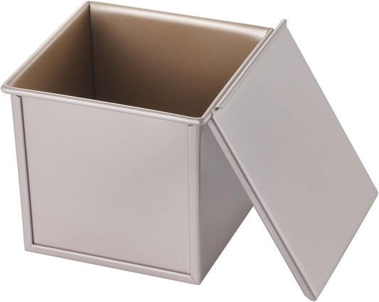 CHEFMADE Mini Pullman Loaf Pan with Lid, 0.99Lb Dough Capacity Non-Stick Rectangle Flat Toast Box for Oven Baking 5.7" x 5.7"x 5.2"(Champagne Gold)