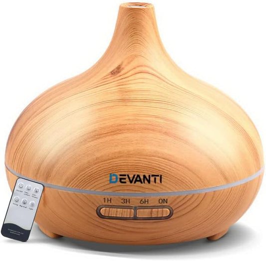 Devanti Aroma Diffuser, 300ml Wood Grain Air Humidifier Purifier Essential Oils Car Freshener Vaporizer Aromatherapy Diffusers Scent Booster Home Office Bedroom Humidifiers Steam, 7 Led Light