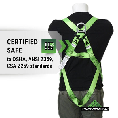 PeakWorks 1 D-Ring Compliance Series Fall Protection Full Body Safety Harness, Pass-Thru Buckle Leg, CSA & ANSI Certified, Class A - Fall Arrest, V8001000