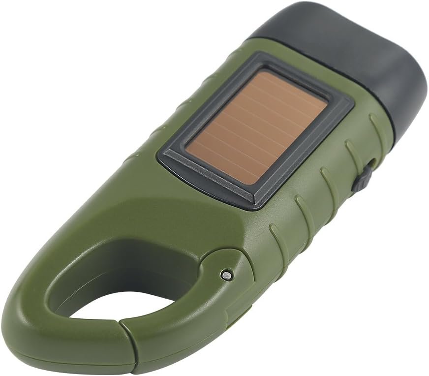 Simpeak Hand Cranking Solar Powered Flashlight, Emergency LED Flashlight Carabiner Dynamo Quick Snap Clip Backpack Flashlight Torch for Outdoor Camping Climbing Hiking, Green, Black