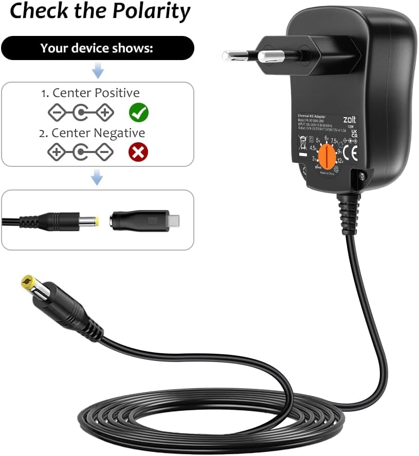 Zolt 12W Universal AC to DC Power Supply 3 V 4.5 V 5 V 6 V 7.5 V 9 V 12 V 1 A, Multi-voltage Adapter with 8 DC Plugs for Home Electronics