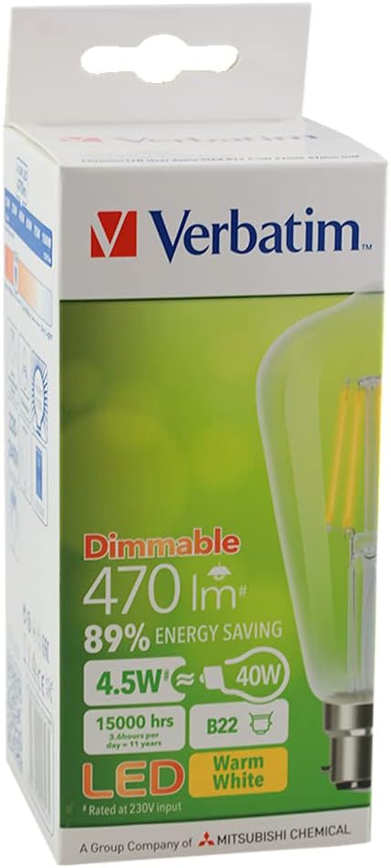65616 VERBATIM B22 Filament St-64 Clear Pear Dim 5W 470Lm 2700K Wattage: 5W Wattage: 5W, Wattage Equivalent: 40W