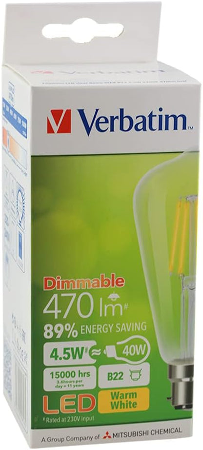 65616 VERBATIM B22 Filament St-64 Clear Pear Dim 5W 470Lm 2700K Wattage: 5W Wattage: 5W, Wattage Equivalent: 40W