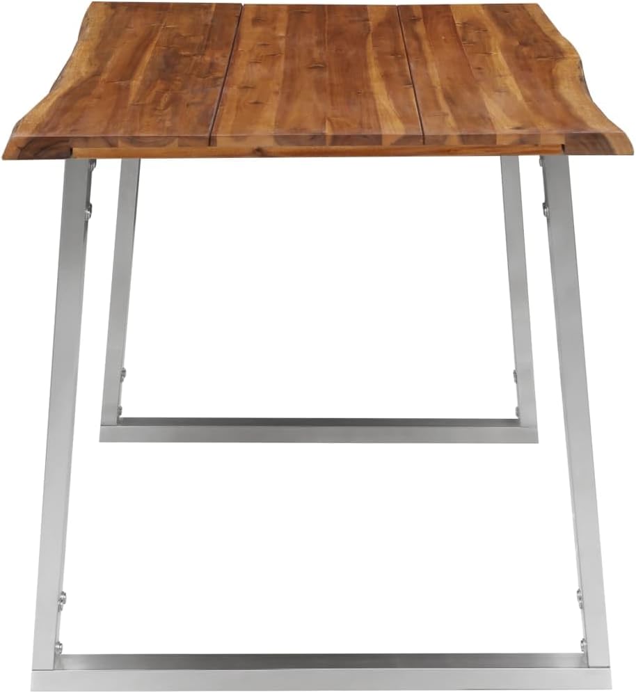 vidaXL Industrial Dining Table - Brown Solid Acacia Wood Top with Stainless Steel Legs - Rectangular Kitchen Table with Live Edge