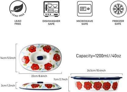Floral Ceramic Casserole Dish with Lid,40oz Covered Rectangular Baking Dish,Deep Casserole Cookware Bakeware,Oven Safe and Dishwash Safe