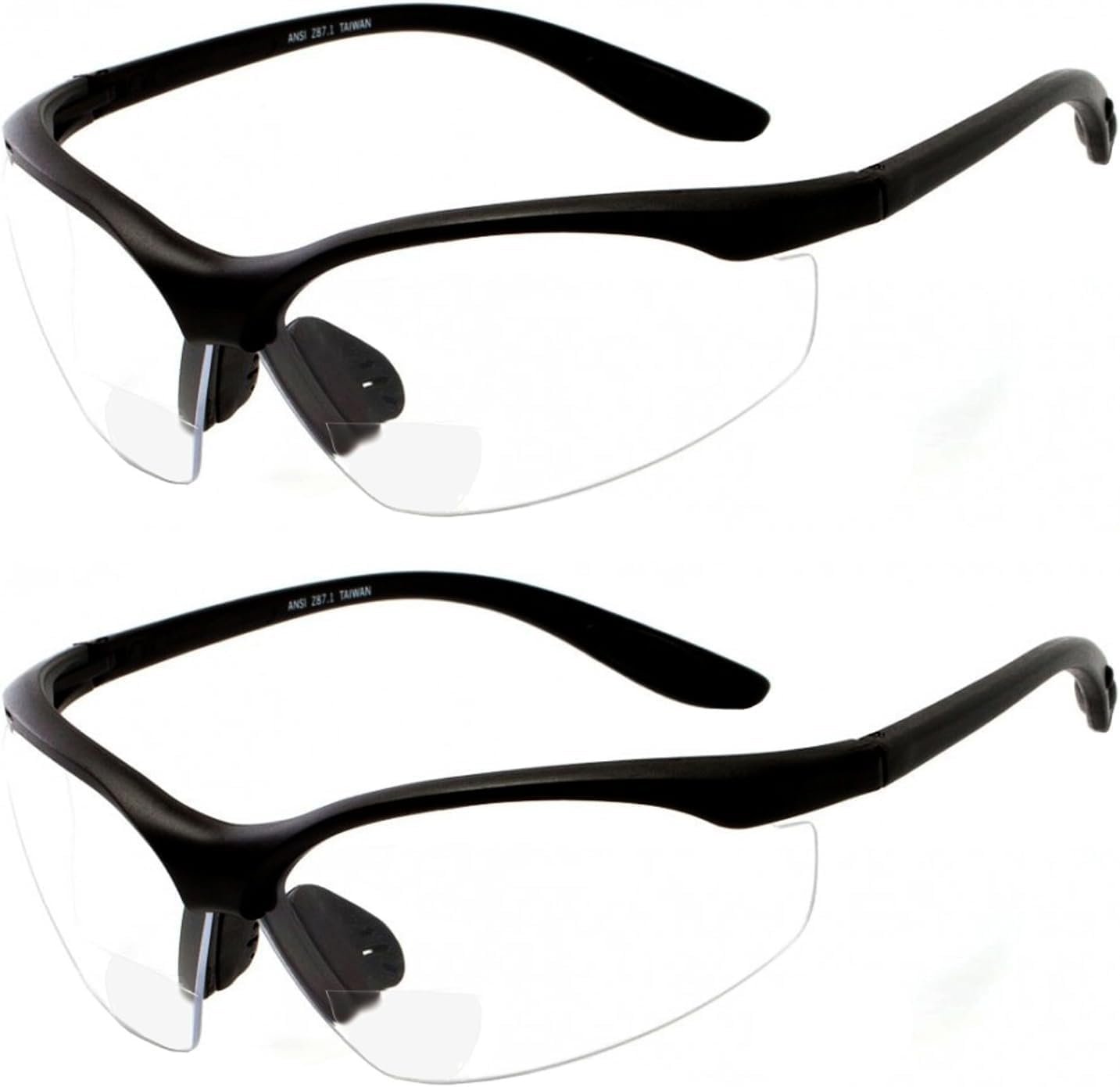 2 Pairs Bifocal Safety Glasses Clear Lens with Reading Corner - Non-Slip Rubber Grip Diopter/+3.00
