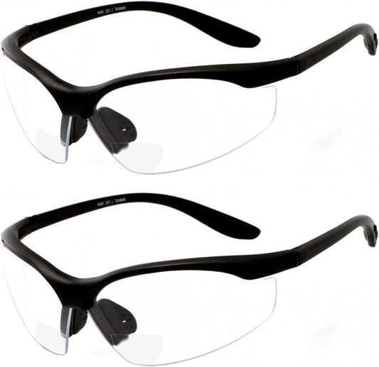 2 Pairs Bifocal Safety Glasses Clear Lens with Reading Corner - Non-Slip Rubber Grip Diopter/+3.00