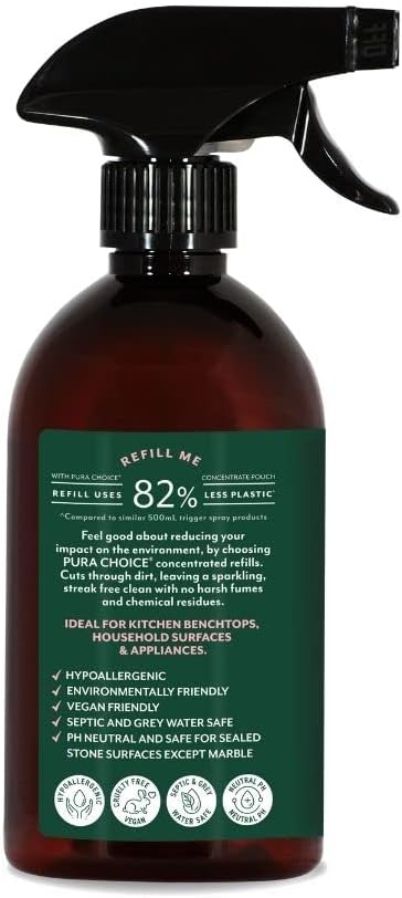 PURA CHOICE® Safe & Natural, Asthma & Allergy Friendly Streak Free Multi-Purpose Cleaner with Rose Geranium & Lemon Myrtle Premium Pure Essential Oil. Includes: 1 x 500mL plus 1 x 100mL Concentrate = 1L of Multi-Purpose Cleaner