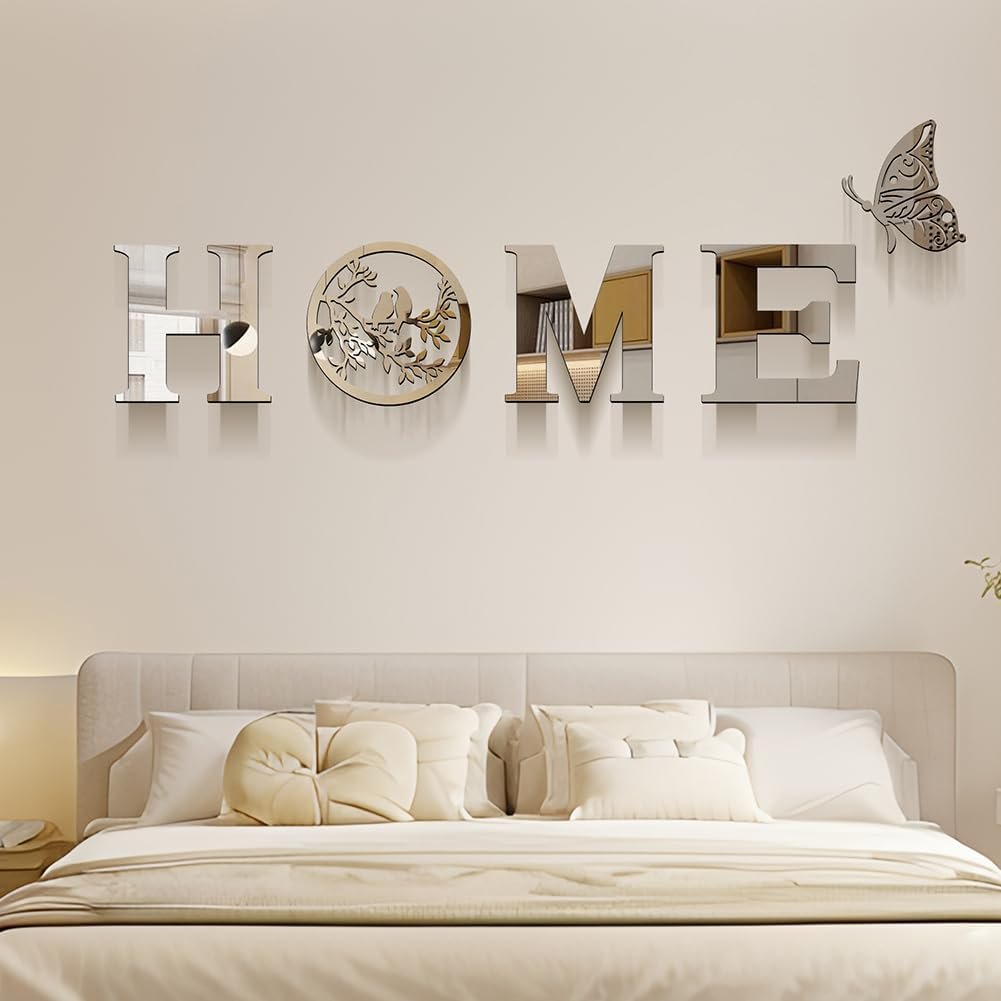 CrazyDeal Home Signs Wall Decor Letter Signs Length Mirror Wall Stickers Decorations for Living Room Bedroom Farmhouse The Home Modern Decorations Bird Wall Art Large（Silver Acrylic,49.2 X 15.7 Inch）