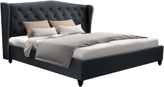 Artiss King Bed Frame Platform Wingback Headboard Frames Beds Base Bedroom Room Decor Home Furniture, Upholstered with Charcoal Faux Linen Fabric + Foam + Steel, Modern Design