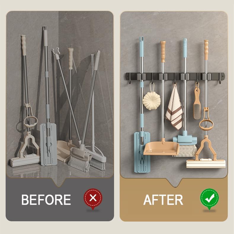 Broom Holder Wall Mount Mop Hanger Garden Tool Storage Rack - Laundry Room Organization Handle Stainless Steel Wall Mounted Garage Storage Hooks - Practical With Screws and 3M Adhesive