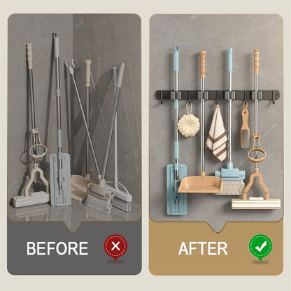 Broom Holder Wall Mount Mop Hanger Garden Tool Storage Rack - Laundry Room Organization Handle Stainless Steel Wall Mounted Garage Storage Hooks - Practical With Screws and 3M Adhesive